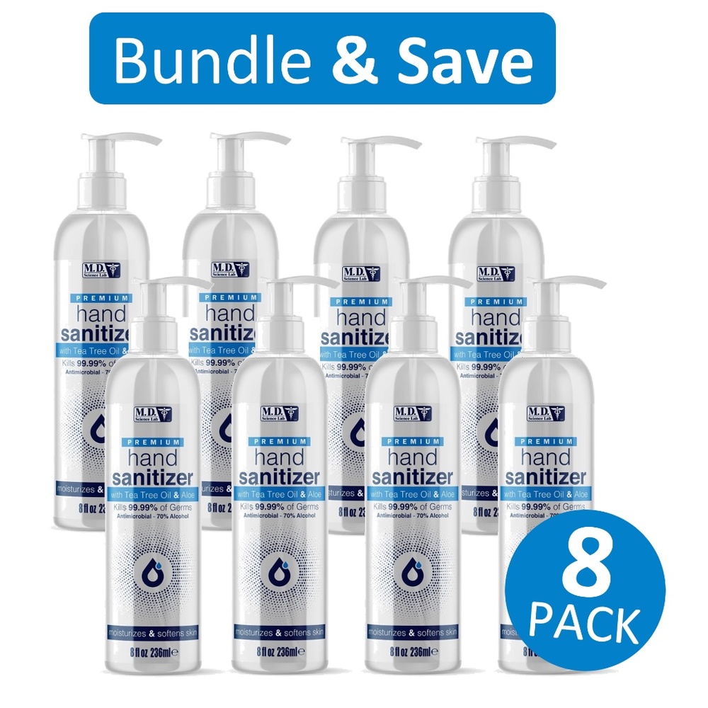 8x 8 oz M.D. Science Premium Hand Sanitizer Tea Tree Oil & Aloe Vera Exp 4/2023